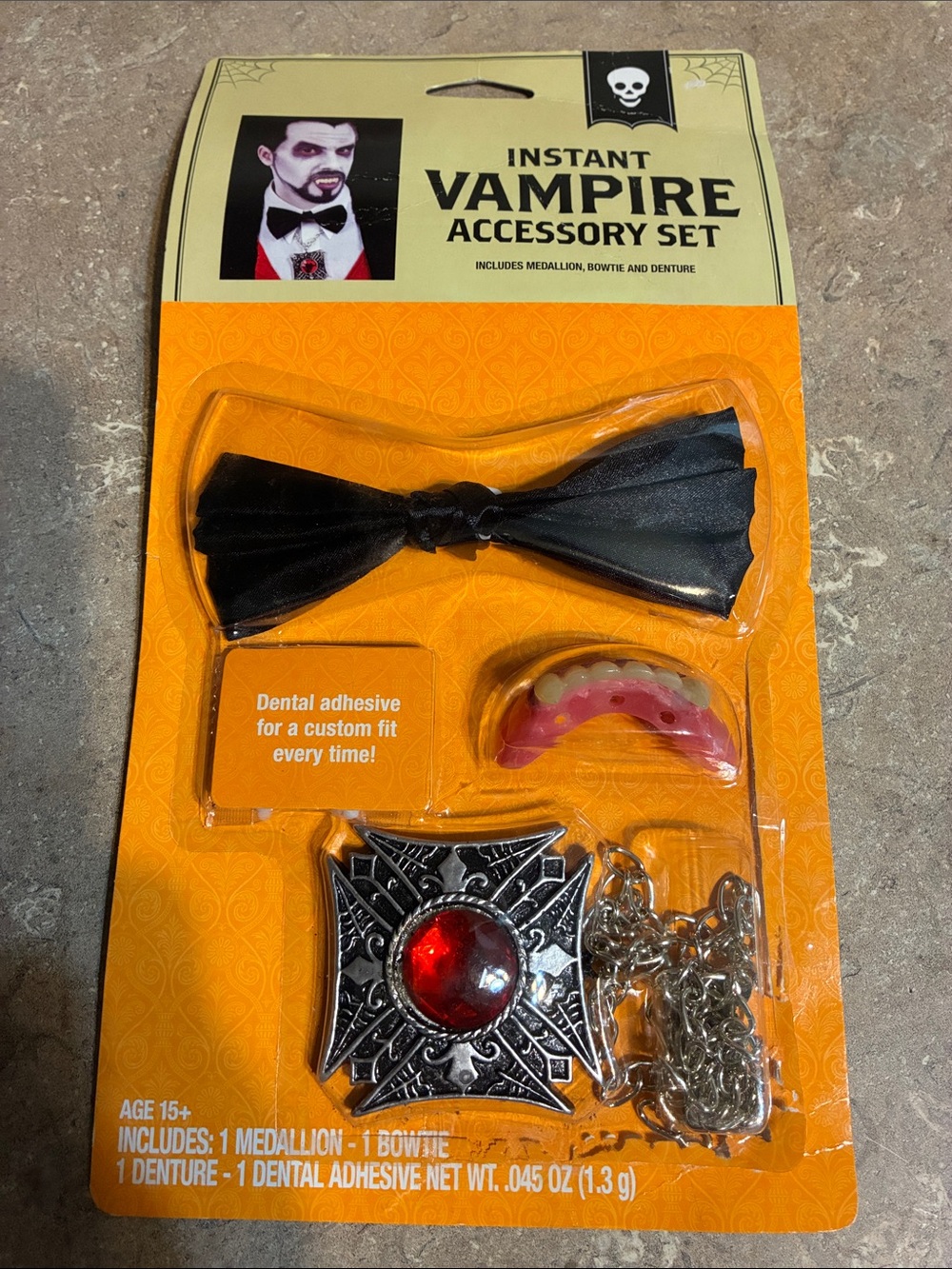 Instant Vampire Accessory Set - Black Bowtie & Silver Medallion with Red Jewel